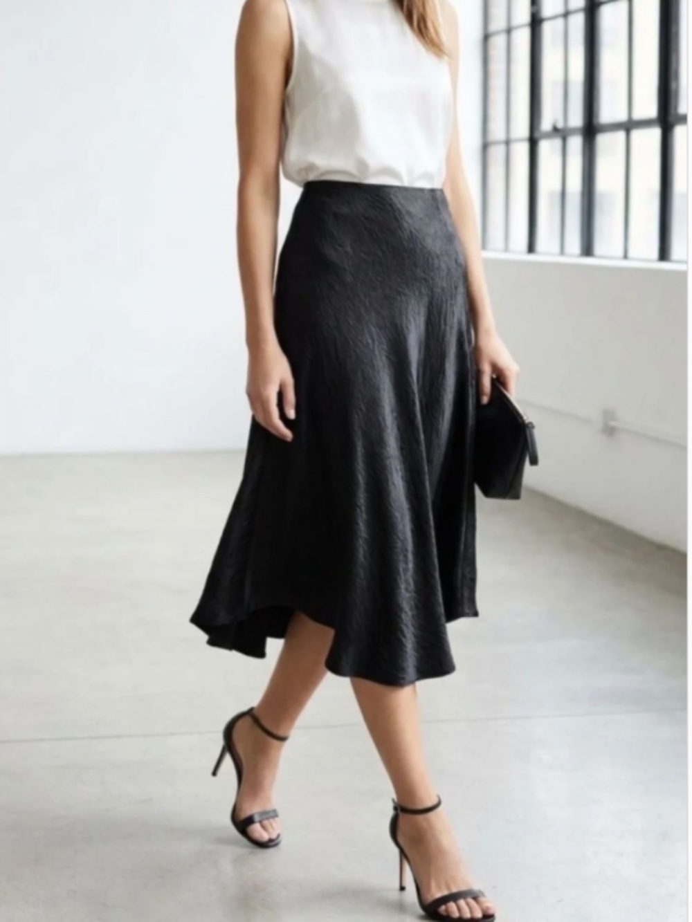 VINCE BLACK SATIN ASYMMETRICAL BIAS MIDI SKIRT - SIZE S